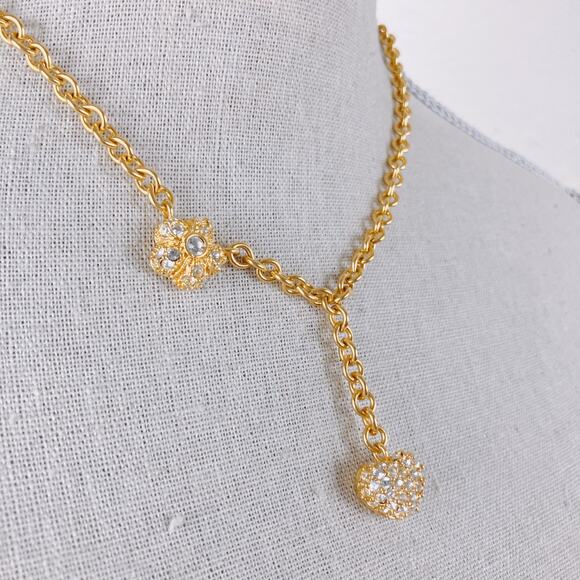 Vintage Gold Tone Pavé Heart Y Necklace with Crystal Floral Station - Picture 7 of 11